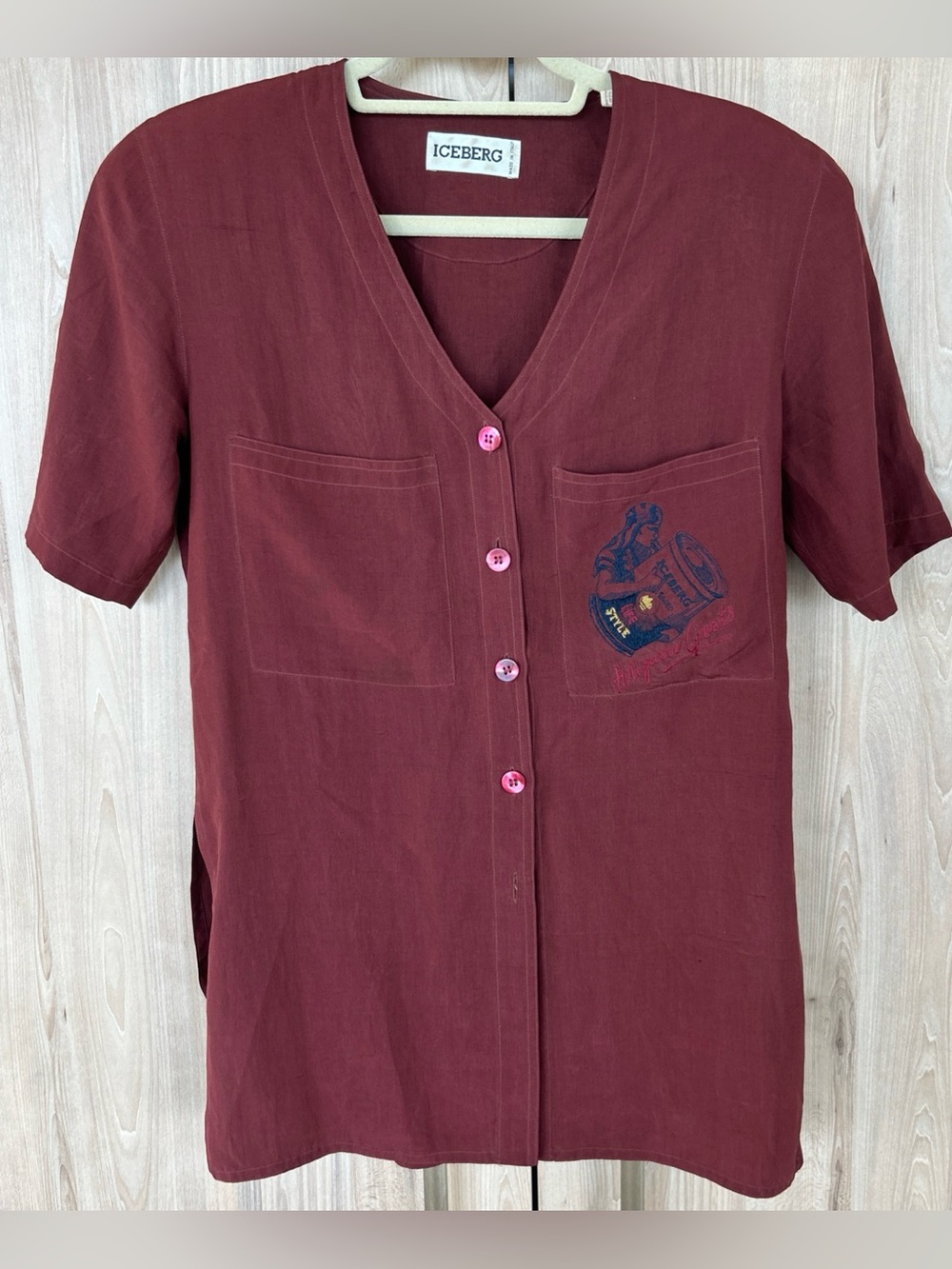 Iceberg Italy Womens 44 Burgundy Silk Embroidered 90s Shirt Shoulder Pads Rare